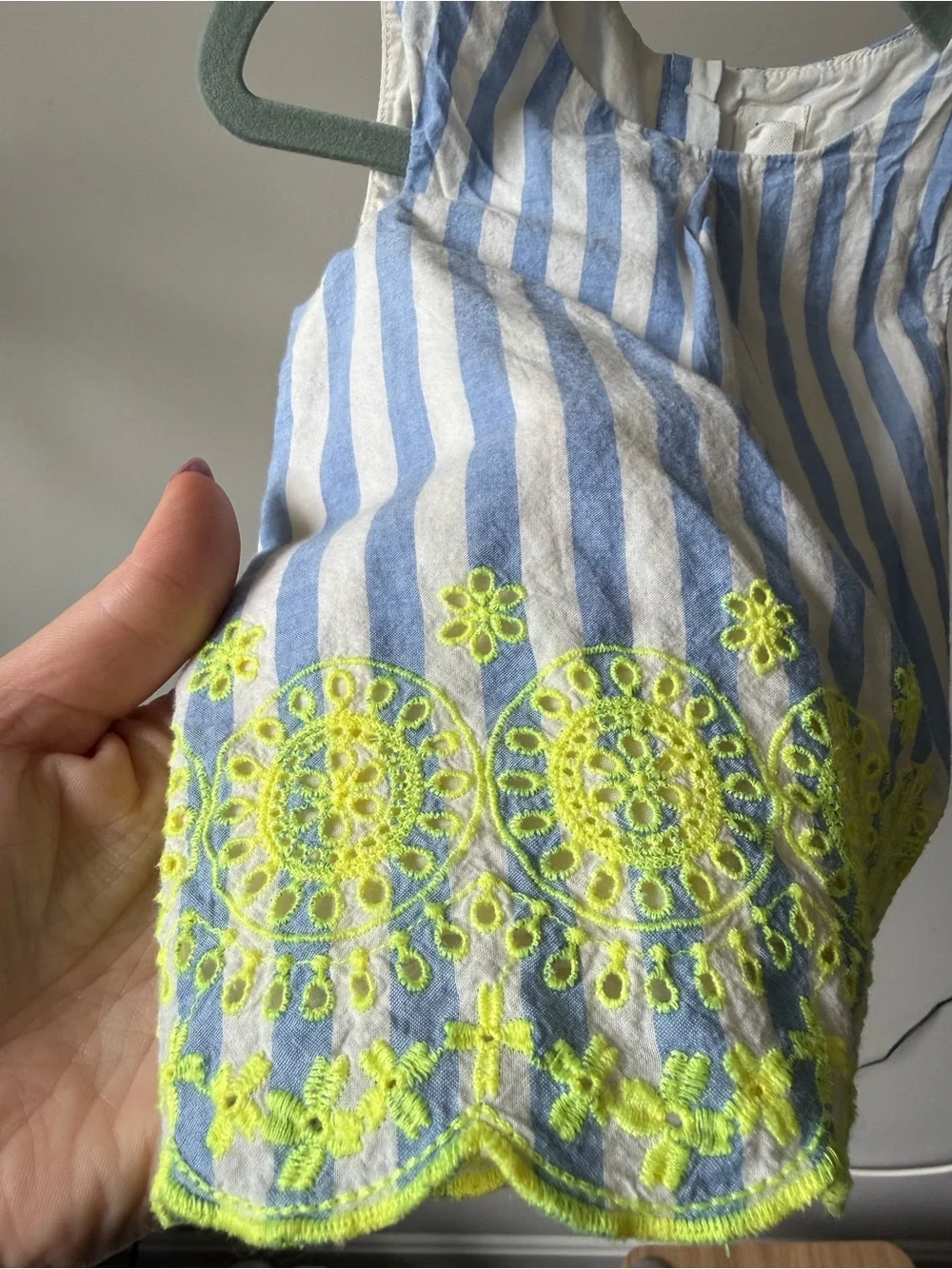 GAP Blue and White Striped Sleeveless Top with Neon Yellow Embroidery